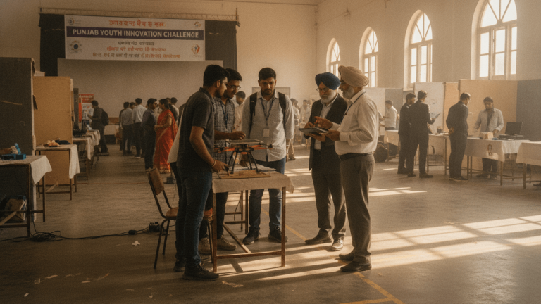 Wide shot of a large hall with students displaying projects to mentors and judges, sunlight streaming through arched windows.
