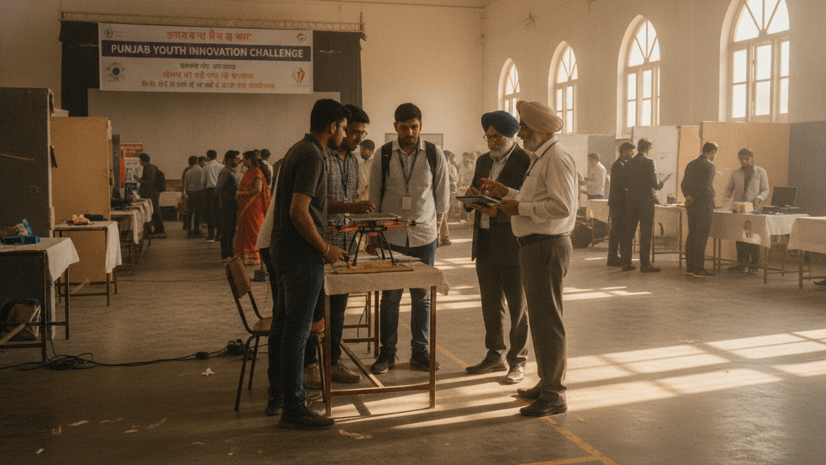 Wide shot of a large hall with students displaying projects to mentors and judges, sunlight streaming through arched windows.