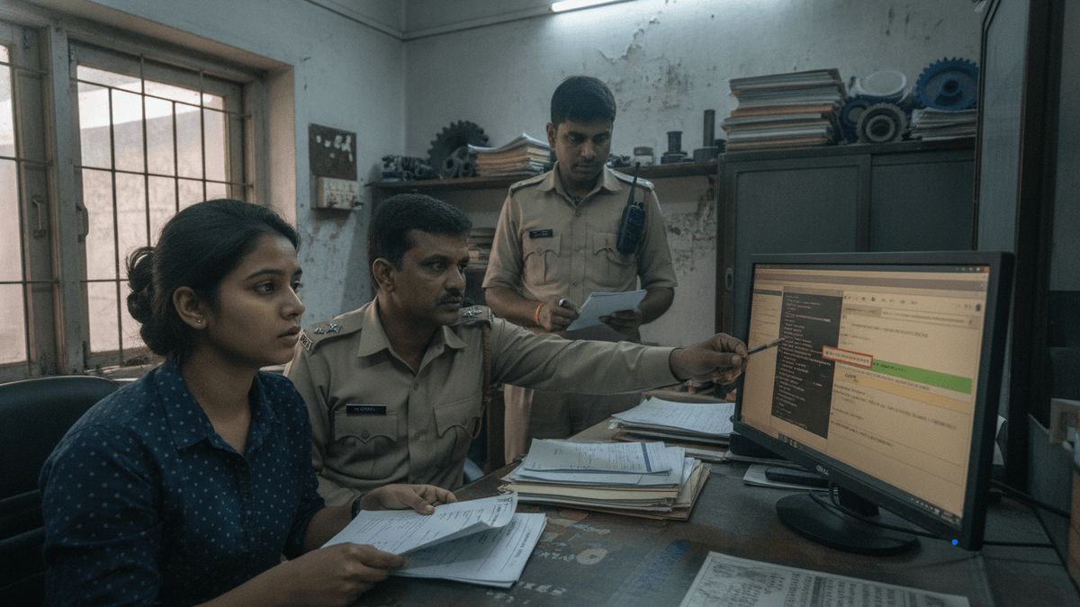 Three people, two in police uniforms and one civilian, gathered around a desk in an office, looking at a computer monitor.