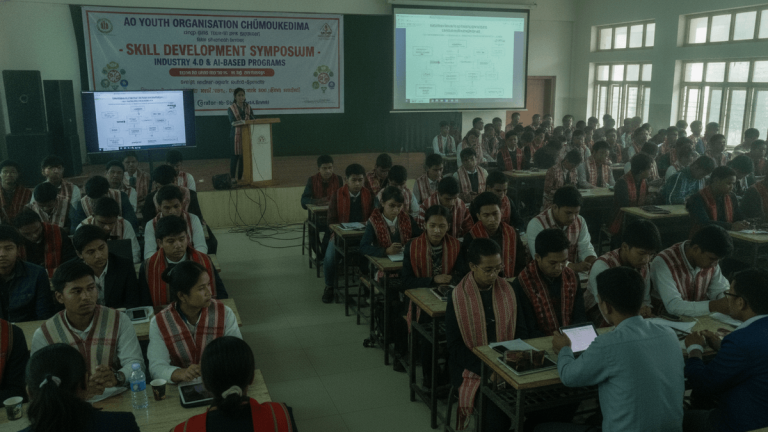 An overhead wide shot of a college classroom filled with young adults, seated at desks, facing a speaker at a podium.