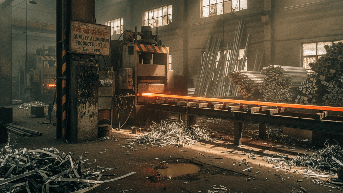 An industrial interior with a glowing orange-hot metal bar emerging from a large machine, surrounded by metal shavings.