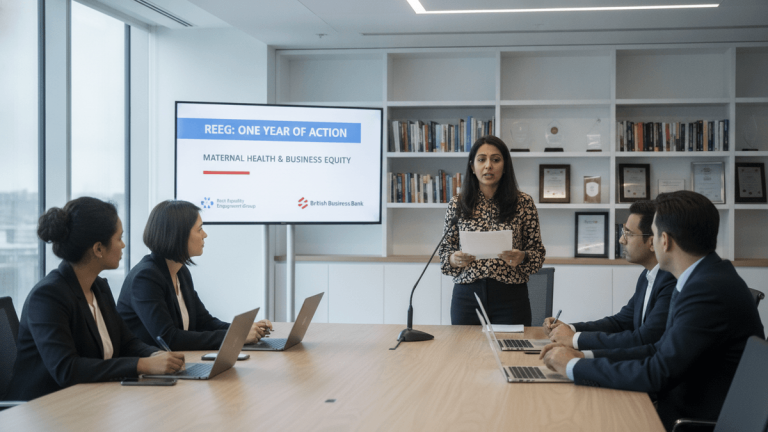A woman presents a report to a group of professionals in a modern office meeting room.