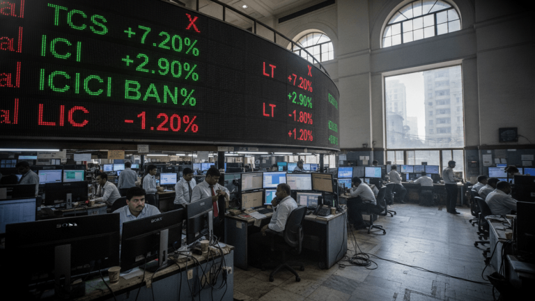 An expansive trading floor in Mumbai, India, with dozens of traders at their desks, lit by large arched windows and a prominent overhead stock ticker displaying green and red percentage changes.