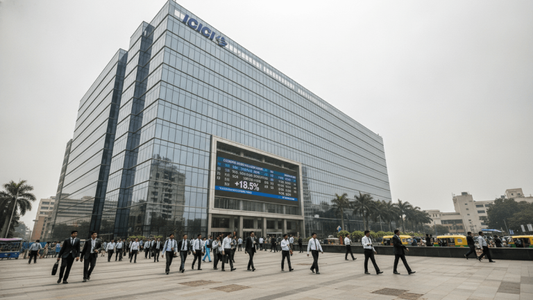 Wide shot of the modern, glass-fronted ICICI Bank building under an overcast sky, with a large digital display showing financial figures and people walking on the plaza.