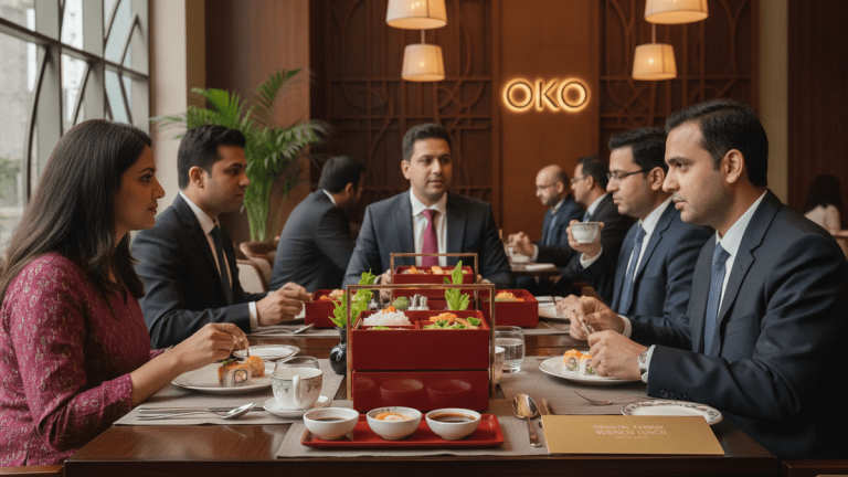 A group of business professionals in suits and a woman in a patterned blouse are seated at a wooden table in a restaurant. They are eating from red bento boxes.