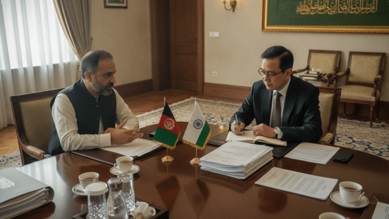 Two men sit at a polished wooden table, flanked by the flags of Afghanistan and India, engaged in a discussion.