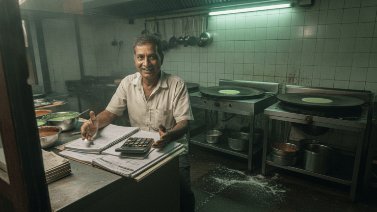 A middle-aged man in a white shirt sits at a metal desk in a commercial kitchen, a calculator and open ledger before him. He smiles at the camera. Dosa griddles are visible behind him.