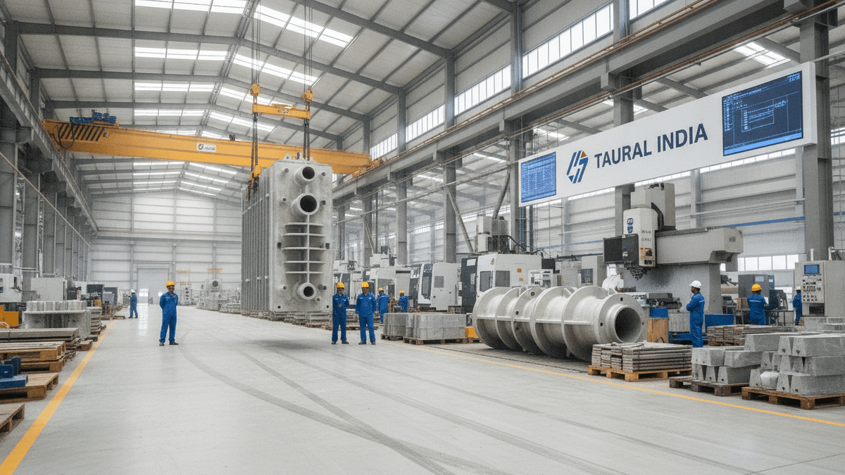 Wide shot of a clean, brightly lit factory floor with several large grey aluminium castings and a few workers in blue overalls.