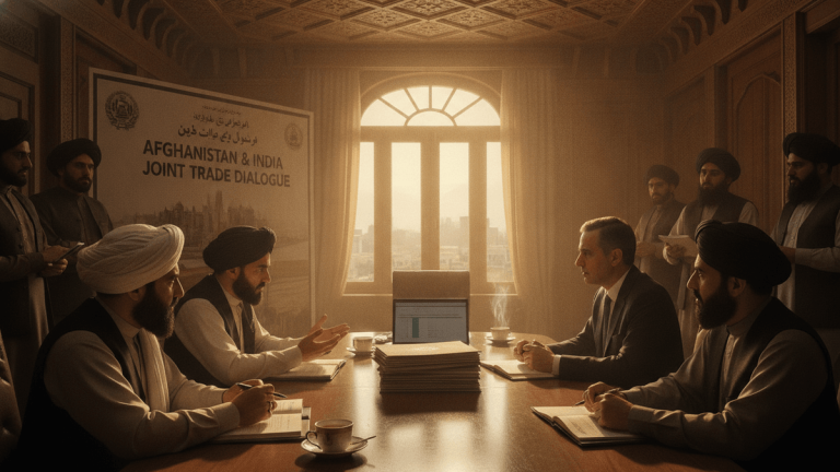 A group of men in traditional Afghan attire and one man in a suit sit around a long wooden table. Papers, laptops, and tea cups are on the table. A large banner titled "Afghanistan & India Joint Trade Dialogue" is visible in the background.