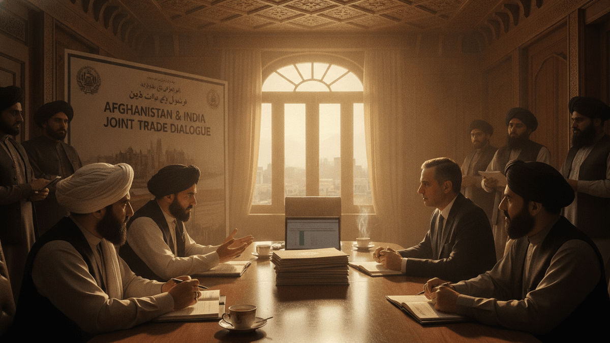 A group of men in traditional Afghan attire and one man in a suit sit around a long wooden table. Papers, laptops, and tea cups are on the table. A large banner titled "Afghanistan & India Joint Trade Dialogue" is visible in the background.