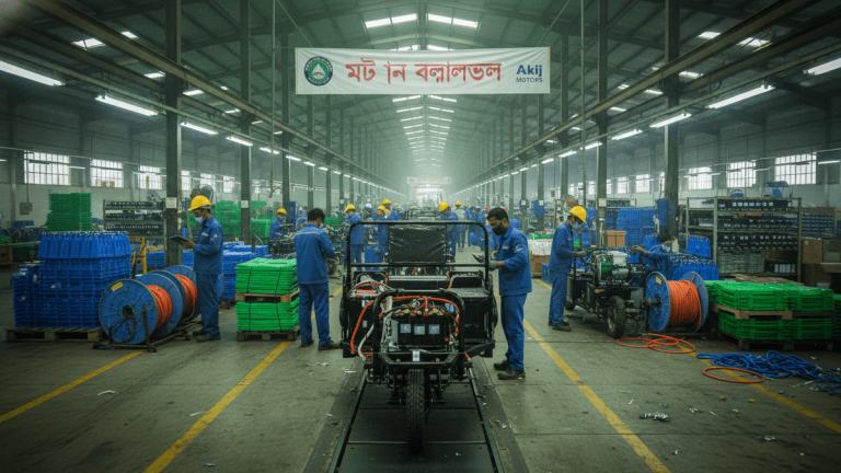 Wide shot of an industrial assembly line with multiple workers in blue uniforms and yellow hard hats assembling electric three-wheeled vehicles.