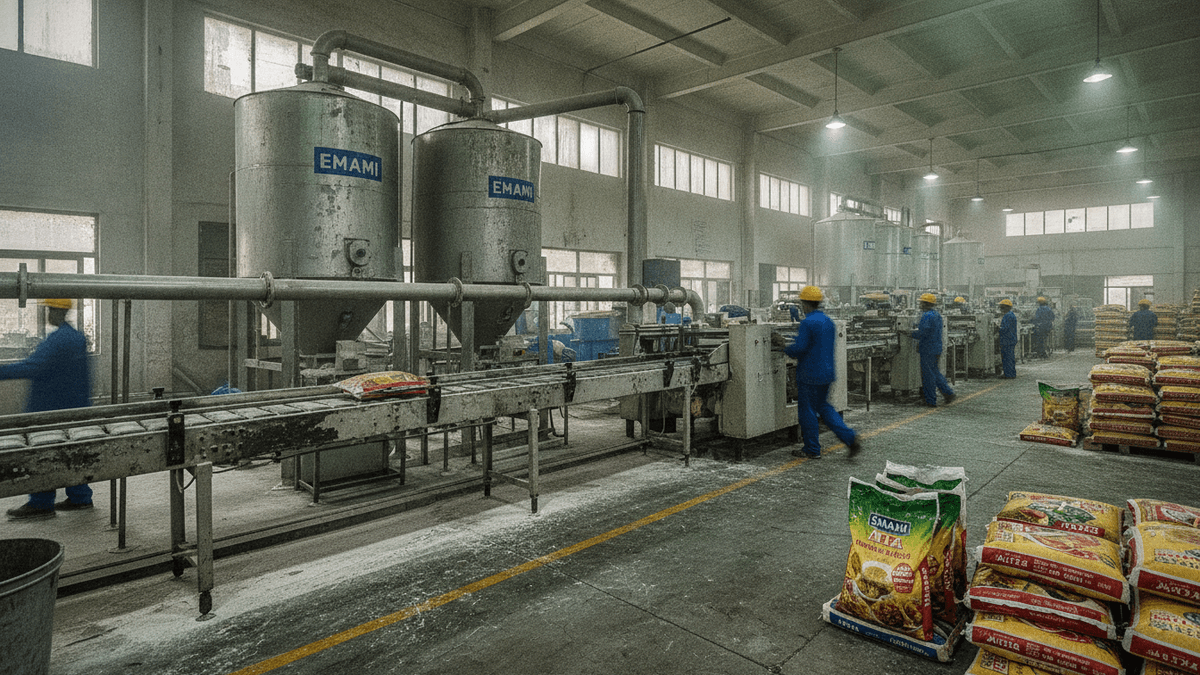 Wide shot of an industrial food processing facility with large silver silos, conveyor belts, workers in blue uniforms, and stacks of packaged atta.