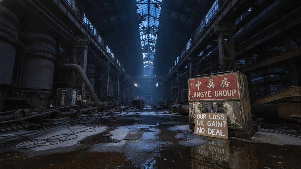 A wide-angle view inside a vast, derelict factory hall with a large, bilingual sign for "JINGYE GROUP" in the foreground.