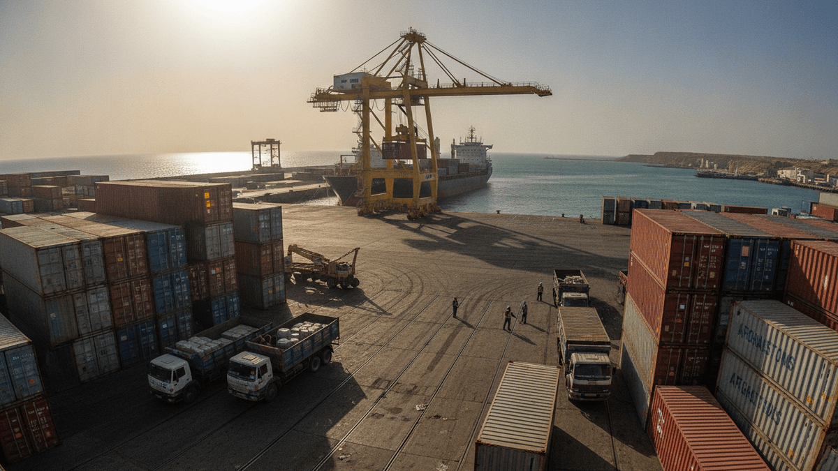 An aerial view of a busy port with shipping containers, cranes, and trucks under a hazy sky at sunset.