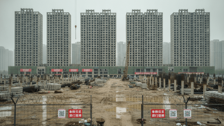 A muddy, rain-soaked construction site with several unfinished concrete high-rise apartment buildings under an overcast sky.