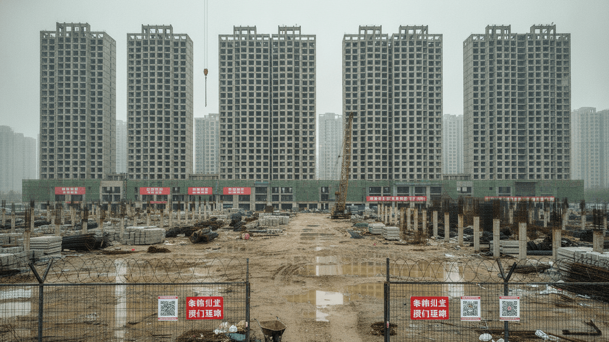 A muddy, rain-soaked construction site with several unfinished concrete high-rise apartment buildings under an overcast sky.