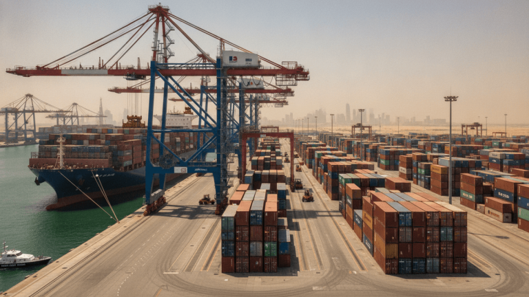 An aerial shot of a vast port in Dubai, United Arab Emirates, with a massive container ship docked, gantry cranes, and stacks of shipping containers.