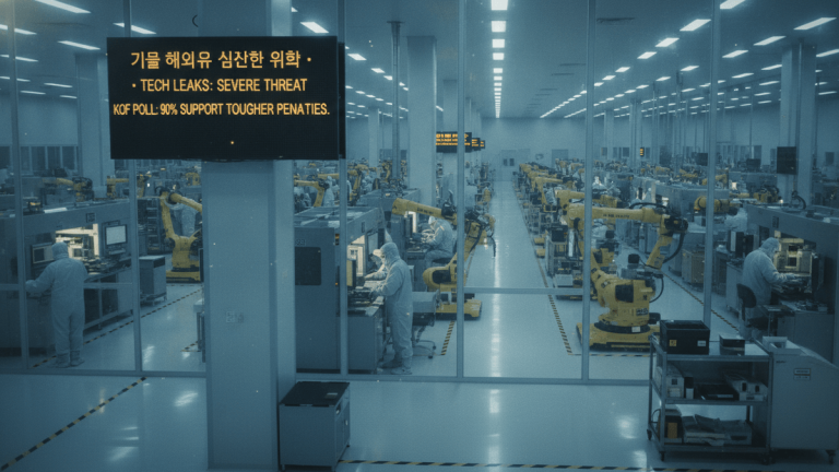 Wide shot of a clean room with workers in hazmat suits, robotic arms, and a digital sign displaying Korean text and "TECH LEAKS: SEVERE THREAT."