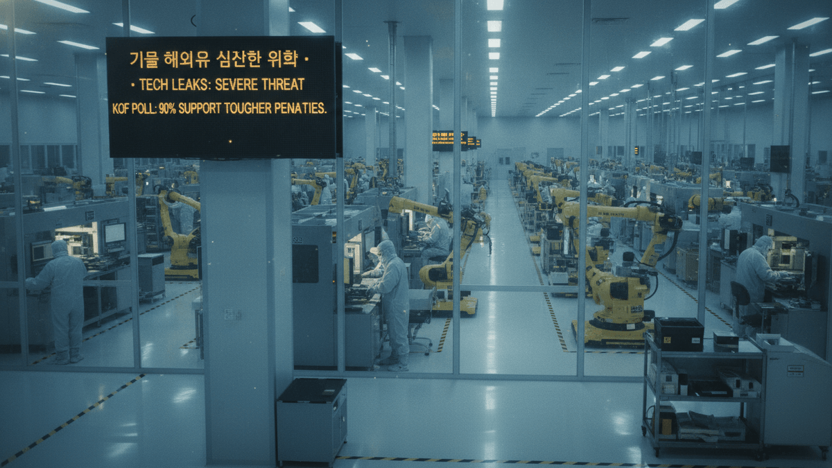 Wide shot of a clean room with workers in hazmat suits, robotic arms, and a digital sign displaying Korean text and "TECH LEAKS: SEVERE THREAT."