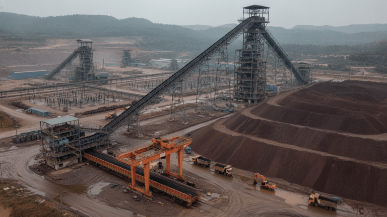 An aerial view of an industrial iron ore handling plant with long conveyor belts leading to a tall processing tower, large reddish-brown stockpiles, and heavy machinery, all under a grey, overcast sky.