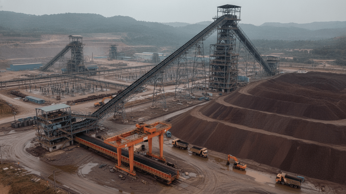 An aerial view of an industrial iron ore handling plant with long conveyor belts leading to a tall processing tower, large reddish-brown stockpiles, and heavy machinery, all under a grey, overcast sky.