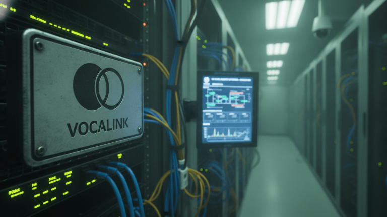 A close-up view of a Vocalink logo plate on a server rack, with glowing green lights and blue cables. A hallway of server racks recedes into the background.