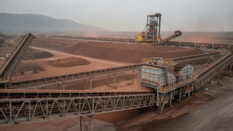 An expansive industrial scene showing an iron ore handling plant under an overcast sky. Conveyor belts converge towards a central processing unit, with massive piles of reddish-brown ore visible. A long train of open-top railcars is being loaded in the background by a gantry-mounted reclaimer.