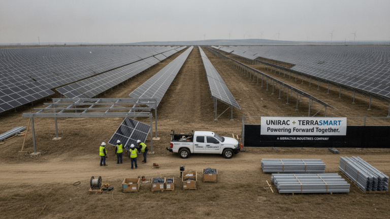 Wide shot of solar panel rows stretching into the distance under an overcast sky, with workers near a white utility truck and a banner.