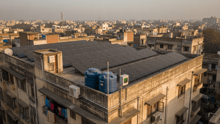 An aerial shot of solar panels on a flat rooftop of a multi-story residential building in a densely populated urban area.