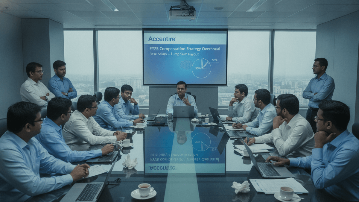 A group of men in a boardroom, seated and standing around a large table, watching a presentation on a screen.