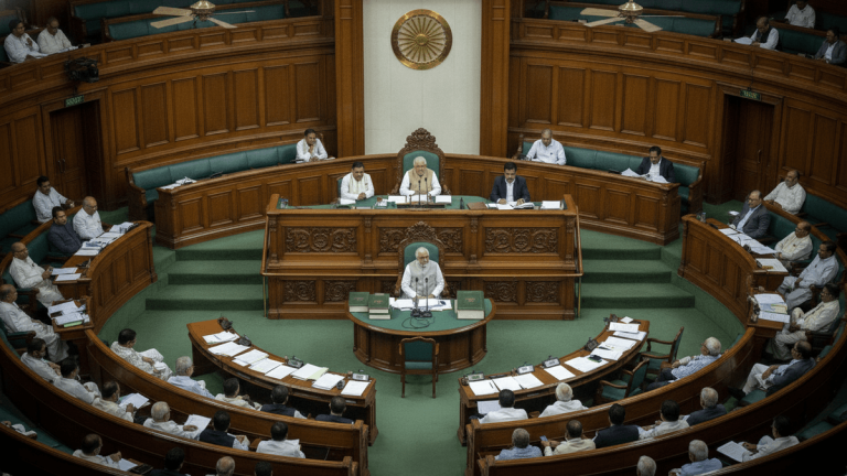 An elevated wide shot shows the Lok Sabha chamber, with the Speaker at the central desk and members seated in concentric green benches.