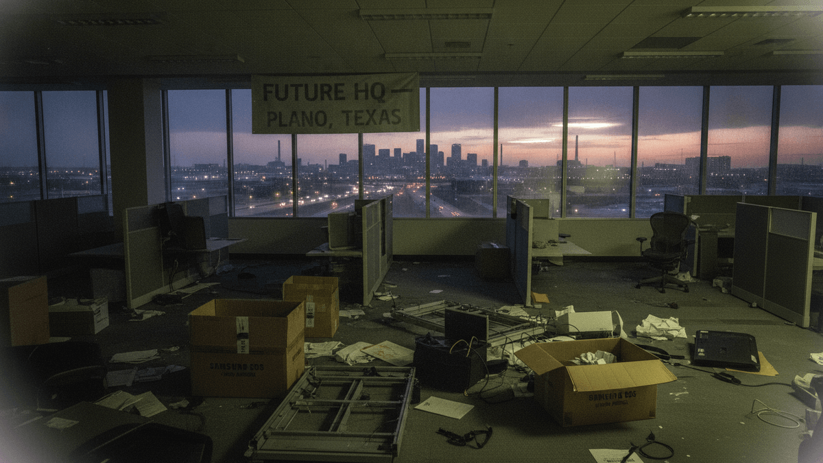An empty office floor at dusk, with scattered boxes and office supplies. A banner reads "FUTURE HQ PLANO, TEXAS".