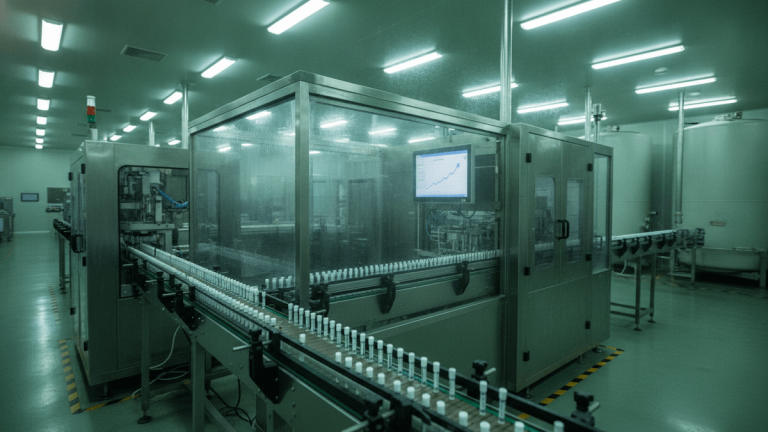 An ultra-realistic photograph of an industrial pharmaceutical filling line with small white vials moving on a conveyor.