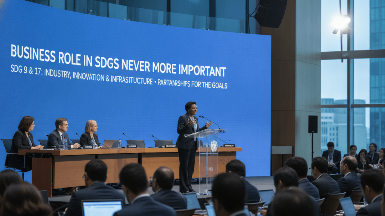 Sanda Ojiambo addresses an audience from a podium, with a large blue screen displaying text behind her.