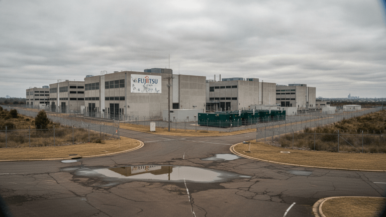 An wide exterior shot of a large, grey Fujitsu data center complex under an overcast sky, with two large puddles in the foreground.