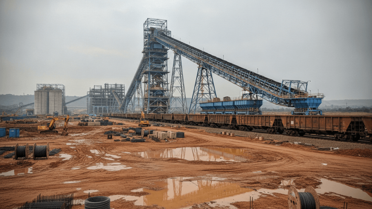 A vast industrial construction site under an overcast sky, with a large iron ore conveyor system dominating the frame. Reddish-brown mud, puddles, and various construction materials are visible in the foreground, with rail cars and other industrial structures in the midground.