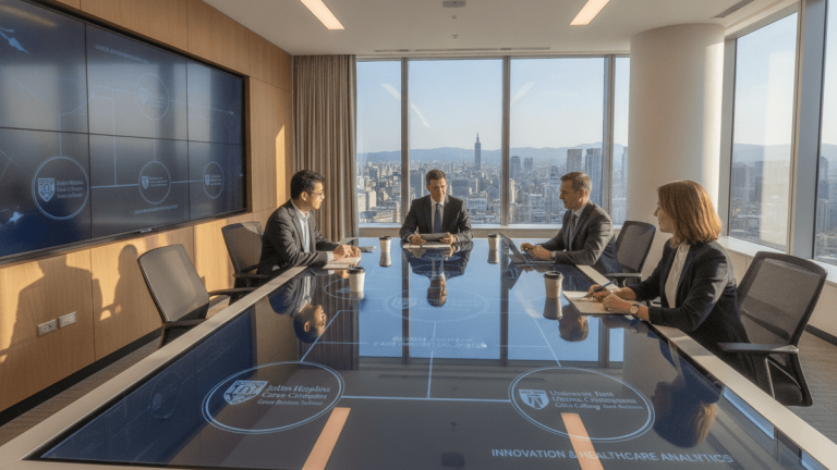 Four individuals in business attire seated around a large reflective conference table with digital displays, engaged in a discussion. A panoramic window shows a cityscape.