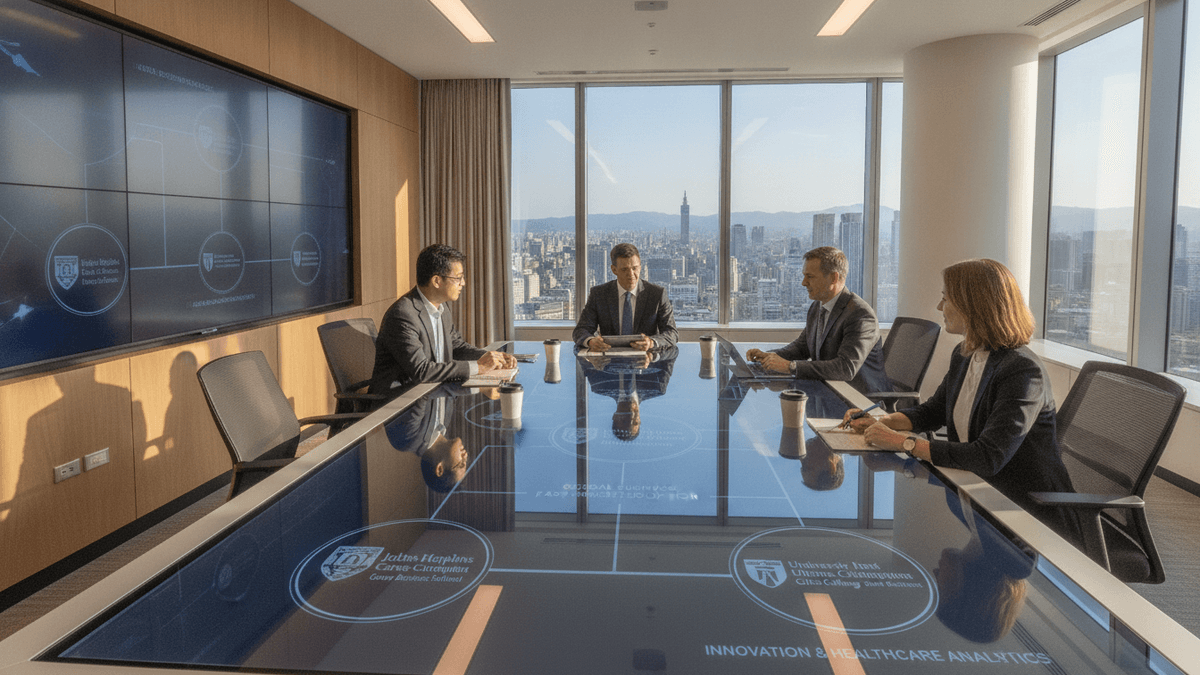 Four individuals in business attire seated around a large reflective conference table with digital displays, engaged in a discussion. A panoramic window shows a cityscape.
