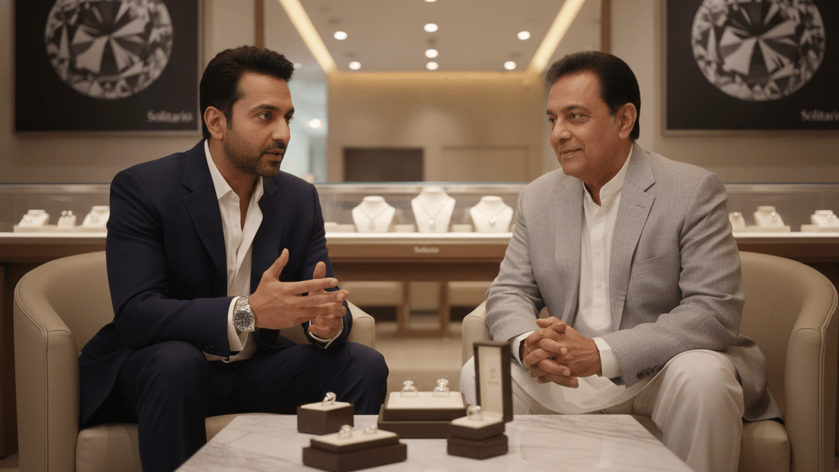 Two men, Vivek and Suresh Oberoi, seated in a luxury jewelry showroom with diamond rings on a table between them.