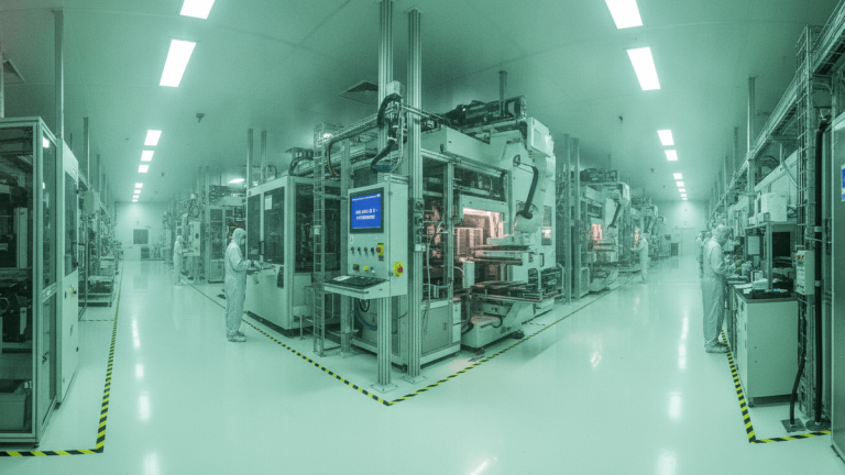 Wide shot inside a brightly lit, sterile cleanroom with rows of large, intricate white and silver semiconductor manufacturing machines.