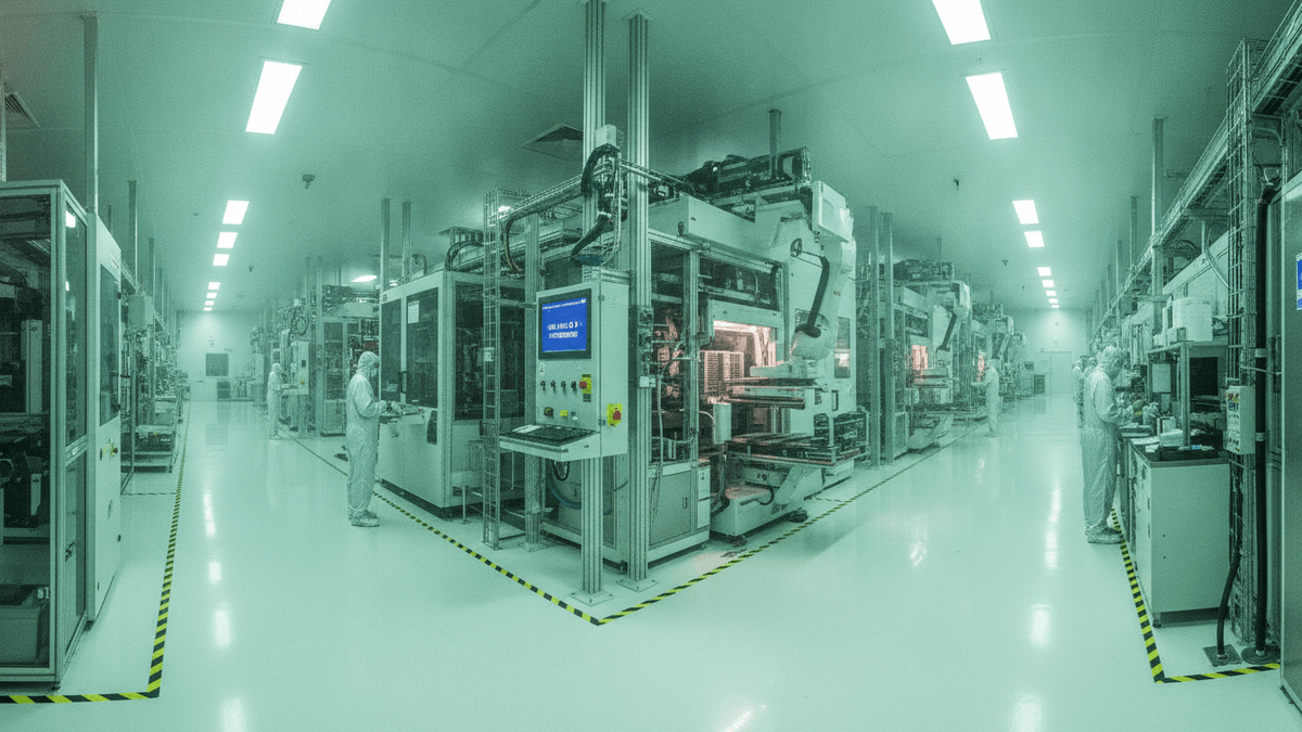 Wide shot inside a brightly lit, sterile cleanroom with rows of large, intricate white and silver semiconductor manufacturing machines.