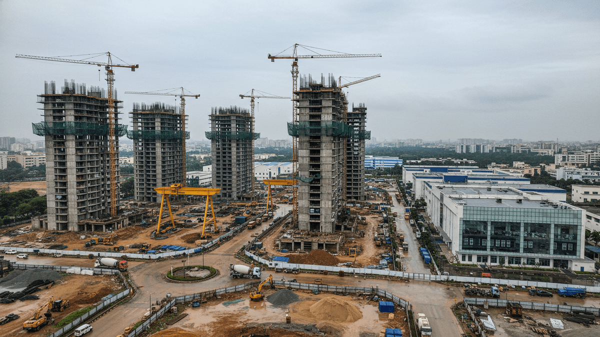 An aerial view of a large construction site in India, with several high-rise buildings under construction and numerous cranes.