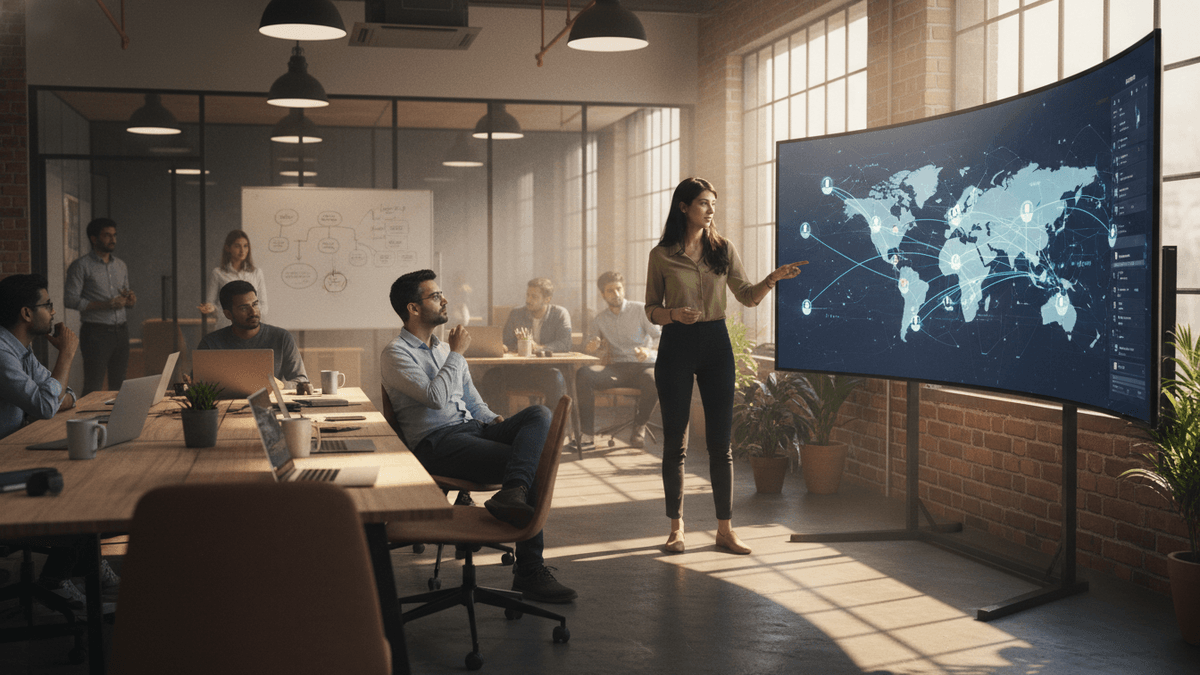 A group of diverse professionals in a modern office, a woman presenting a digital world map on a large curved screen.