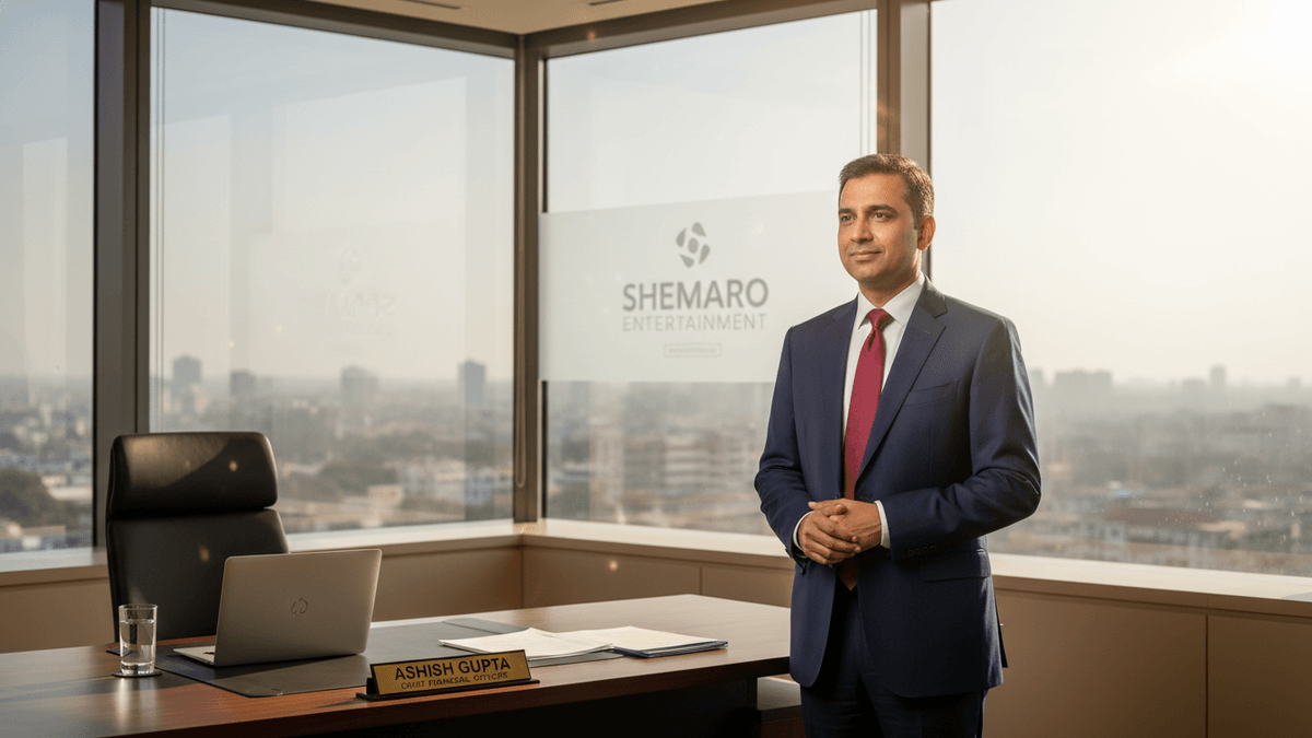 Ashish Gupta, in a navy suit and red tie, stands beside a large desk with a laptop and papers, in an office with expansive windows overlooking a city at golden hour.