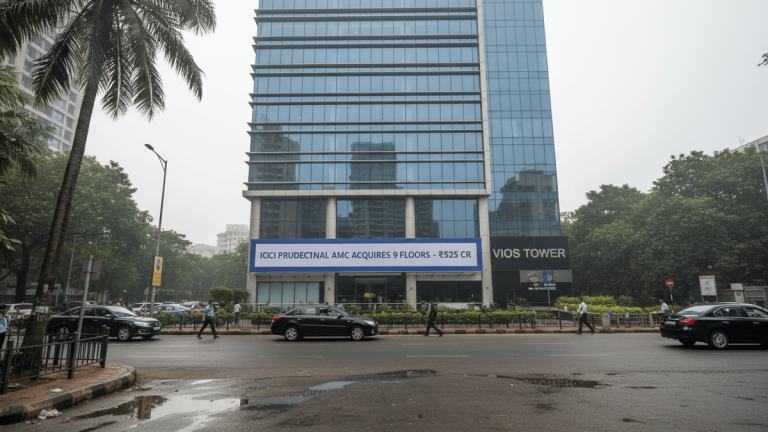 A wide shot of the VIOS Tower in Mumbai, showing a banner for ICICI Prudential AMC's acquisition, with cars and pedestrians on the street.
