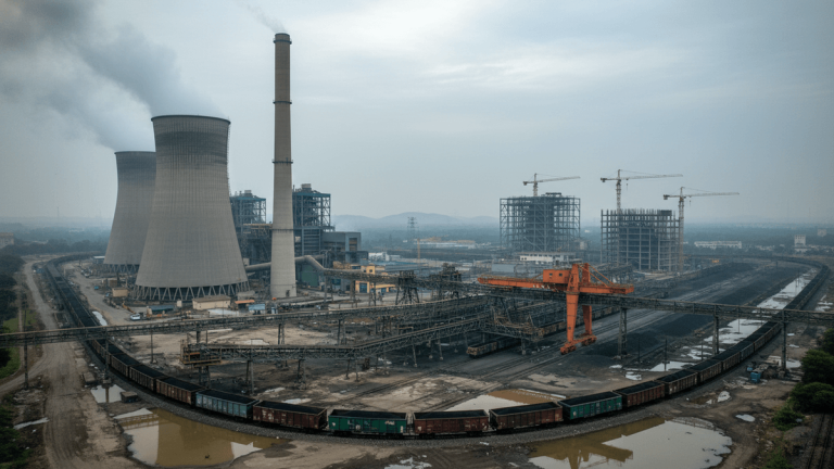 An aerial view of a large coal-fired power plant complex with cooling towers, smokestacks, coal piles, and construction sites under an overcast sky.