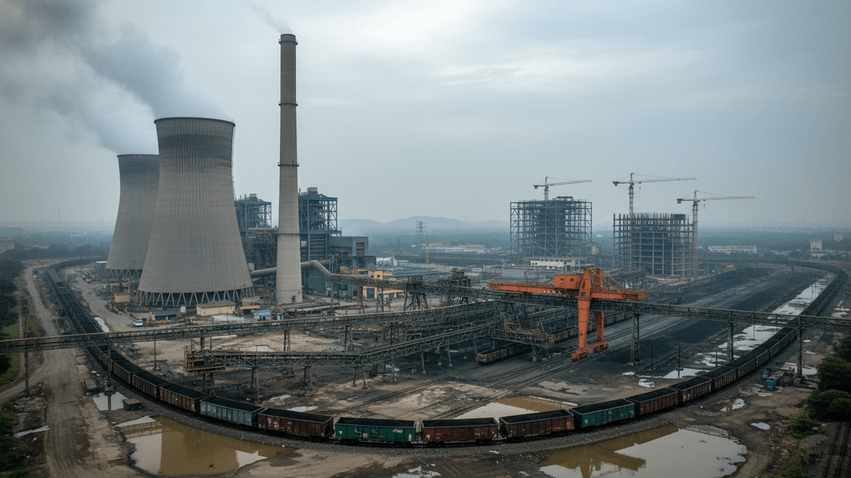 An aerial view of a large coal-fired power plant complex with cooling towers, smokestacks, coal piles, and construction sites under an overcast sky.