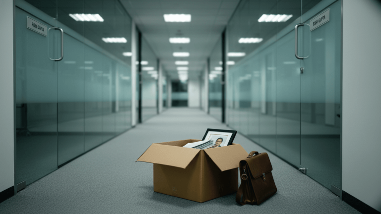 A cardboard moving box with personal items and a leather briefcase sit in a deserted office hallway with glass-walled offices.