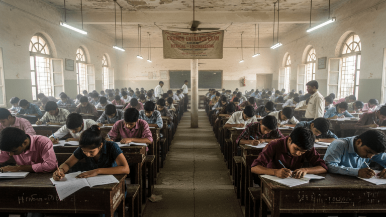 A wide shot of a large, old classroom filled with many students taking an exam, overseen by two supervisors.