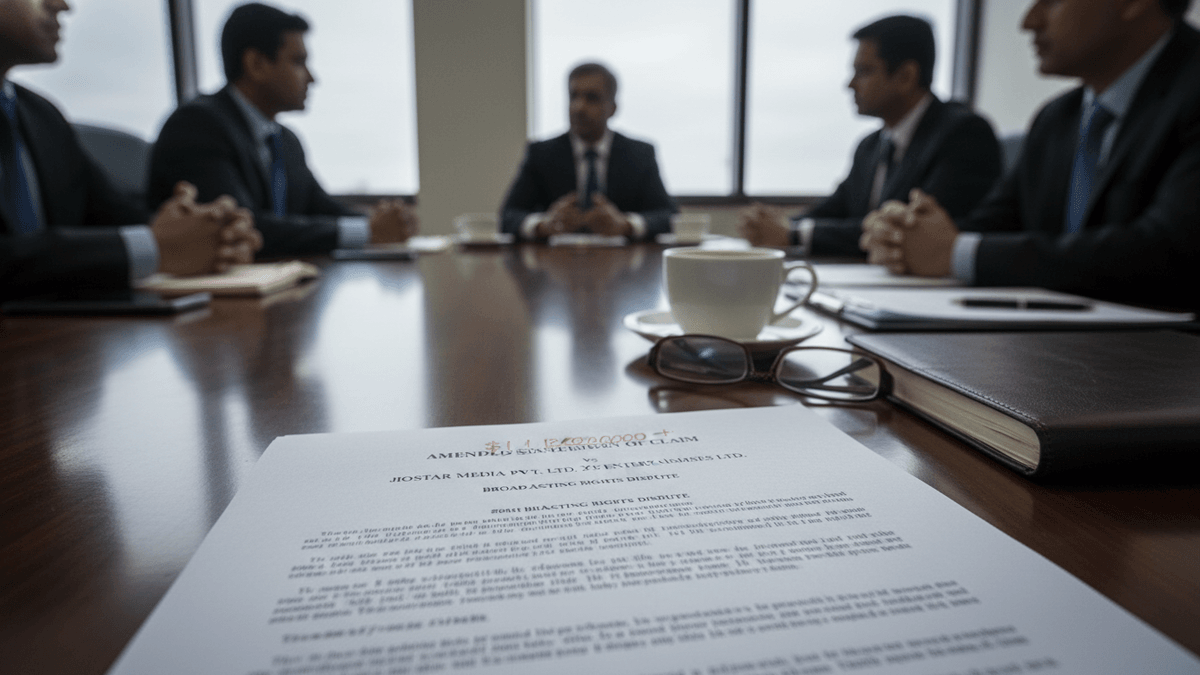 A close-up of legal documents titled "Amended Statement of Claim" on a wooden conference table, with blurred figures of people in suits around it.